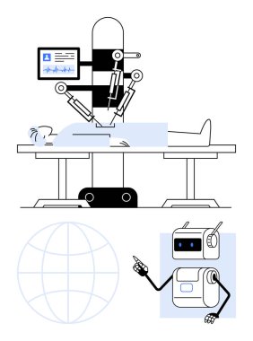 Robot cerrah, masada yatan bir hastayı ameliyat eder. Tıbbi göstergelerle izlenir. Aşağıdaki insansı robot, dünya sembolü. Sağlık, robot bilimi, teknoloji, yenilik, tıp, gelecek için ideal