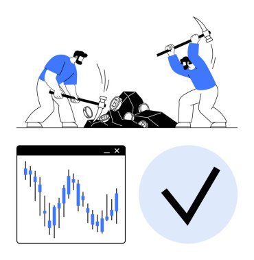 Workers mining data collaboratively with sledgehammers, graph with fluctuating data trends, large checkmark indicating success. Ideal for teamwork, data analysis, validation, mining research, success clipart