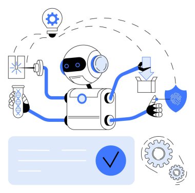 Birden fazla kolu olan gelecekçi robot DNA örneği tutuyor, verileri analiz ediyor, dosyaları indiriyor, yenilikler yapıyor. Teknoloji için ideal, yapay zeka, araştırma, yenilik, otomasyon robotları