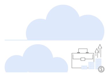 Yükselen grafik okları, bozuk para yığınları ve kabarık mavi bulutların altında dolar sembolü olan bir iş çantası. Finans, yatırım, büyüme, işletme, ekonomi, bulut hesaplama ve tasarruflar için ideal