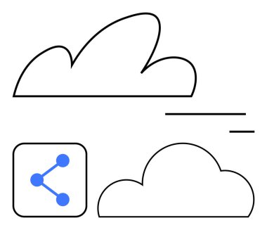 Siyah ve mavi çizgiler halinde soyut bulutlar ve ağ paylaşım simgesi. Teknoloji, bağlantı, bulut hesaplama, ağ oluşturma, dijital paylaşım, veri depolama, iletişim için ideal. Satır metaforu