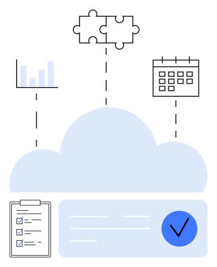 Bulmaca parçaları, takvim, bar çizelgesi, panodaki kontrol listesi ve onay kutusu. Proje yönetimi, zamanlaması, bulut hizmetleri, veri analiz görevi verimlilik araçlarını izlemek için ideal