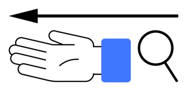 Hand open palm facing up, arrow pointing left, magnifying glass on right Ideal for navigation, direction, guidance, inspection, research, discovery and search metaphor. Line metaphor clipart