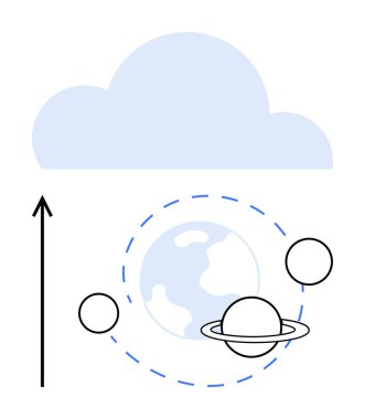 Dünya 'nın yörüngesinde bulutlar uçuşuyor. Keşif, hayal gücü, teknoloji, hayaller, seyahat, yenilik, ilham hattı metaforu için ideal