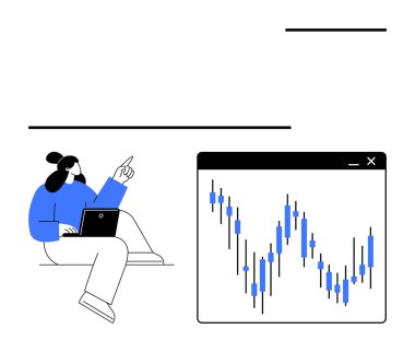 Yerde dizüstü bilgisayar kullanarak oturan bir kadın, ekrandaki bir şamdan tablosunu işaret ediyor. İş analizi, finans, eğitim, ticaret, veri görselleştirme, evden çalışma ve teknoloji kullanımı için ideal