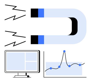 Mıknatıs, veri çizgisi grafiğinin yükseldiğini gösteren bilgisayar ekranını çekiyor. Dijital pazarlama, veri analizi, analitik, müşteri ilişkileri, teknoloji, iş tahminleri, lider nesil için idealdir. Çizgi