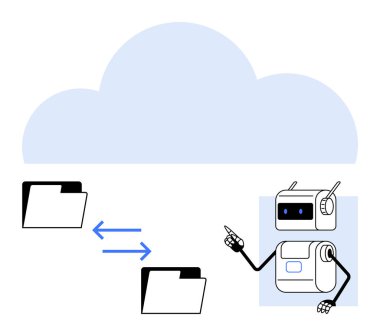 Antenli robot bulutun altındaki oklarla klasörler arasında dosya transferinde yardımcı oluyor. Teknoloji, bulut depolama, yapay zeka, otomasyon, veri transferi, dijital organizasyon, yenilik için ideal