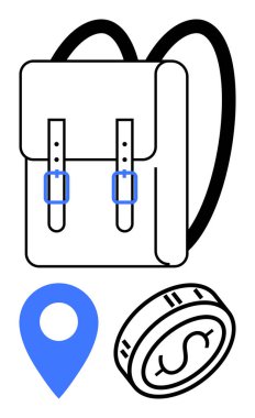 Kayışlı sırt çantası, mavi lokasyon rozeti ve dolar işaretli para. Seyahat, finans, eğitim, navigasyon, bütçe yaşam tarzı ve lojistik için ideal. Satır metaforu