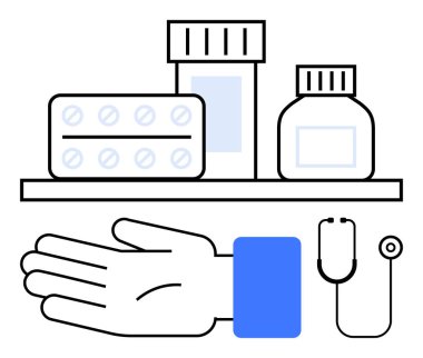 İlaç şişeleri, su toplayan haplar, doktor eli ve stetoskop sağlık hizmetlerinin esaslarını sembolize ediyor. Tıbbi, ilaç, sağlık hizmetleri, tıp doktoru kliniği teması için ideal. Çizgi