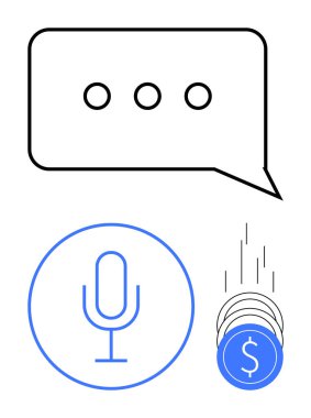 Elipsli konuşma balonu, mavi dairenin içinde mikrofon ve dolar işaretli mavi paralar. İletişim, podcast, para, finans, teknoloji, dijital işlemler için ideal