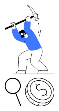 Başının üstünde kazma, büyüteç ve dolar işaretli para sallayan biri. Kripto para birimi, madencilik, dijital para birimi, mali yatırım, engelleme zinciri teknolojisi, veri analizi için ideal