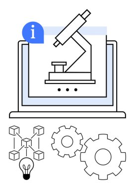 Dizüstü bilgisayardaki mikroskop bilimsel araştırmayı sembolize eder. Vitesler yeniliği temsil eder. Engelleme zinciri yapısı ve ampul teknolojik gelişmeleri gösteriyor. Bilim ve teknoloji için ideal.