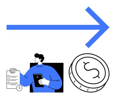 Elinde tablet ve kontrol listesi olan bir adam sağ tarafı işaret eden bir ok ve dolar işareti olan bir para tutuyor. İş planlaması, mali büyüme, hedef belirleme, başarı, yön, üretkenlik için ideal