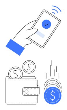 Elinde ödeme onayı olan bir akıllı telefon var. Paralar cüzdanın içine düşüyor. Dijital bankacılık, mobil ödemeler, finansal uygulamalar, e-ticaret, bağlantısız işlemler, çevrimiçi alışveriş için ideal