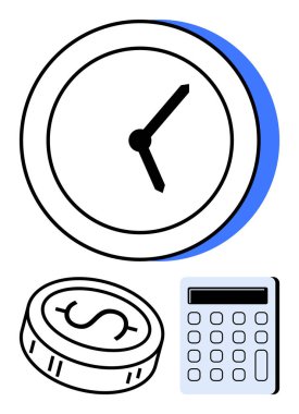 İki elli saat, işaretli bozuk para ve hesap makinesi. Finansal planlama, bütçe, zaman yönetimi, kurumsal finans, verimlilik tasarrufu için ideal. Satır metaforu