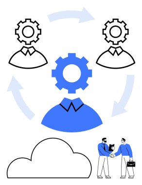 Dişli başlı ekip üyeleri oklarla, bulut simgesiyle ve el sıkışan iki iş adamıyla bağlantılı. İş stratejileri, ortaklıklar, takım dinamikleri, teknoloji entegrasyonu, bulut hizmetleri için ideal