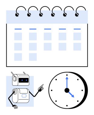 Takvim ızgarası, saati gösteren robot. Görev planlama, zaman yönetimi, otomasyon, verimlilik, teknoloji organizasyonu için ideal. Satır metaforu