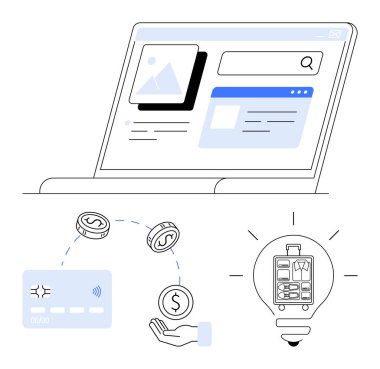 E-ticaret ağlı dizüstü bilgisayar, v07site, ödeme sembollü kredi kartı, bozuk paralarla el, ampulle gönderme fikri. E-ticaret, çevrimiçi ödeme, alışveriş, dijital işlemler ve tüketici için ideal