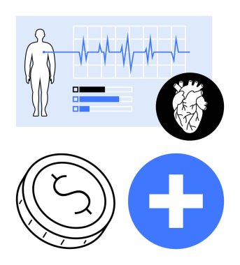 İnsan figürlü kalp atışı grafiği, kalp çizimi dolar işaretli para ve tıbbi haç simgesi. Sağlık, kişisel finans, kalp sağlığı, tıbbi teknoloji ve finansal planlama için ideal