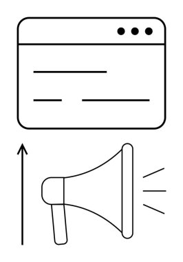 Çizgiler ve noktalı megafon oklu web sayfası. Pazarlama, iletişim, dijital büyüme, çevrimiçi reklamcılık, iş geliştirme, strateji, katılım için ideal. Satır metaforu