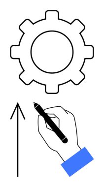 Kalemi yukarı doğru çeken el ele tutuşmuş ok ve geniş dişli. Yenilik, gelişme, gelişme, mühendislik, strateji planlaması takım çalışması kavramları için ideal. Çizgi benzetmesi. Çizgi benzetmesi. Basit satır simgeleri