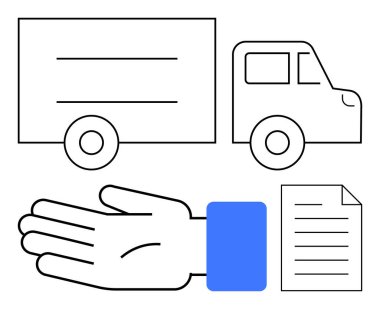 Kamyon, el hareketi ve belge teslimat, lojistik, paket ve nakliyeyi sembolize ediyor. Teslimat konseptleri, lojistik, kurye hizmeti nakliye yönetimi müşterisi için ideal