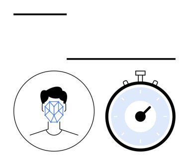 Facial recognition schematic next to clock icon. Ideal for technology, facial recognition security, time management, efficiency, AI, data privacy, user verification. Line metaphor clipart