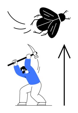 Mavi gömlekli adam uçan böceğe çekiç sallıyor ve yukarı doğru ok atıyor. İlerlediğini gösteriyor. Mücadele etmek, hedeflere ulaşmak, engelleri aşmak, azim ve kararlılık için ideal