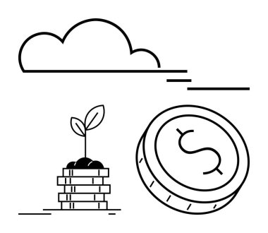 Dolar işareti olan bir madeni paranın üstünde bulut ve istiflenmiş paralardan büyüyen bir bitki. Finans, yatırım, büyüme, tasarruf, ekonomik stratejiler, sürdürülebilirlik, başarı temaları için idealdir. Satır metaforu