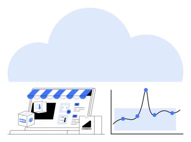 Online mağaza önü teslimat kutusu grafiği bulutların altında. E-ticaret, bulut hesaplama, veri analizi, iş büyümesi, teknoloji, online alışveriş, lojistik için ideal. Satır metaforu