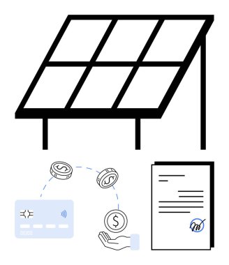 Destekleyici çerçeveli güneş paneli, bir kredi kartı, bozuk paralar, bir el ve imzalı bir sözleşme. Yenilenebilir enerji, yatırım, sürdürülebilirlik sözleşmeleri teknoloji ödemeleri için idealdir. Çizgi