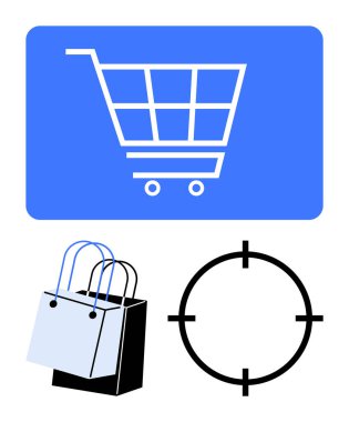 Mavi alışveriş arabası, kağıt alışveriş torbaları ve siyah hedef ikonu. E-ticaret, perakende satış, pazarlama, alışveriş promosyonları, satış stratejileri çevrimiçi mağazalar ve tüketici ilişkileri için idealdir. Çizgi