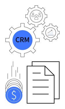 Kullanıcı simgeleri, büyüme grafikleri, madeni paraları ve belgeleri olan CRM vitesleri. Ticari faaliyetler, müşteri ilişkileri yönetimi, mali planlama, belge yönetimi, takım çalışması için ideal