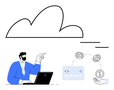 Dizüstü bilgisayardaki işadamı ödeme kartı ve bozuk paralara işaret ediyor. Dijital bankacılık, bulut depolama, finans, iş çözümleri, online işlemler, fintech teknolojisi için ideal. Satır metaforu