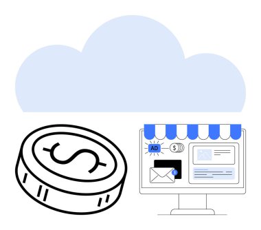 Bulut, dolar işareti olan madeni para, e-posta ve reklam elemanları ile bilgisayar monitöründe e-ticaret mağazası. Çevrimiçi iş için ideal, dijital pazarlama, e-ticaret, fintech, bulut çözümleri ödemeleri sanal