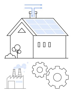 Güneş panelleri, dişlileri ve yenilenebilir enerji, verimlilik ve sürdürülebilirliği temsil eden endüstriyel fabrikası olan bir ev. Yeşil enerji, teknoloji, ev hizmetleri, eko-yaşam için ideal