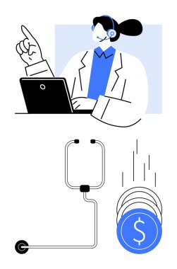 Kulaklıklı bir doktor dizüstü bilgisayarla, steteskopla ve düşen paralarla danışmanlık yapıyor. Telehealth, online medikal danışma, dijital sağlık hizmetleri, finansal yönetim, uzaktan teşhis için ideal