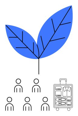 Large blue double leaf above five simple human figures and suitcase with clothes. Ideal for sustainability, travel, minimalism, community, eco-friendliness, lifestyle, and nature themes. Line clipart