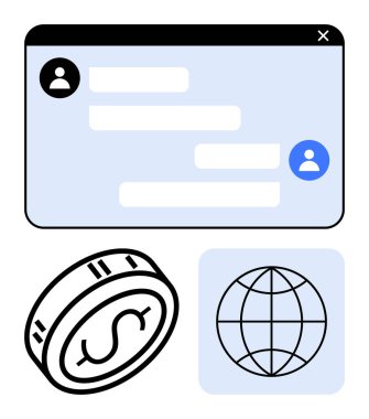 Kullanıcı avatarları ile sohbet arayüzü, dolar işareti ile para ve dünya simgesi. Çevrimiçi iletişim, finans, döviz kuru, küresel işletme, dijital işlemler, ağ e-ticaret için ideal