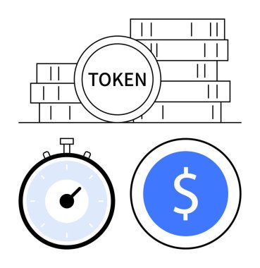 Stacked tokens labeled TOKEN stopwatch with partial blue and coin with dollar sign. Ideal for cryptocurrency, investment, timing, digital currency, finance, trading, and blockchain concepts. Line clipart