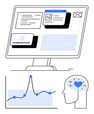 Web 'li bilgisayar monitörü, v20 element veri tablosu, kalp ve beyin ikonlu insan profili. Teknoloji, veri analizi, yenilik, yaratıcılık, zihinsel sağlık, büyüme analizi, kullanıcı için ideal
