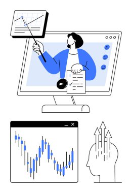 Monitörde, grafik grafik analizinde ve büyüme zihniyeti sembollerinde verileri sunan bir iş adamı. Eğitim için ideal, çevrimiçi seminerler, iş büyümesi, eğitim, veri analizi, profesyonel
