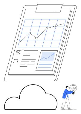 Yukarı grafikli pano, kontrol listesi ve büyüme raporu. Bulutun yanında ampul tutan kişi fikirleri ve yeniliği sembolize ediyor. İş sunumları, veri analizi ve iş akışı için ideal