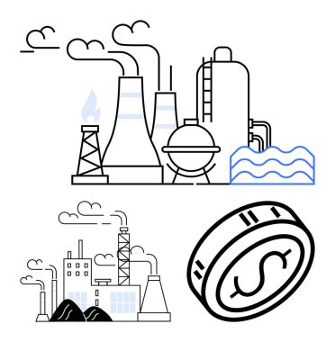 Duman yayan endüstriyel fabrikalar, soğutma kuleleri ve ekonomik etkileri olan bir madeni para. Endüstri, ekonomi, enerji üretimi, sürdürülebilirlik ve çevresel etki konuları için ideal