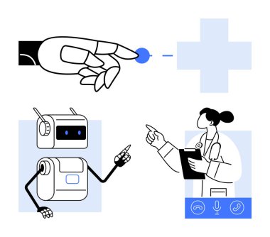 Robot doktor, teknoloji sembolleri. Robot bilimi, sağlık hizmetleri, yapay zeka, sanal danışma, gelecekteki tıp işbirliği yenilikleri için idealdir. Satır metaforu
