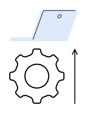 Dizüstü bilgisayar silueti dişli ve yukarı doğru ok ilerlemeyi ve yeniliği işaret ediyor. Teknoloji, verimlilik, büyüme, gelişme, gelişme, yenilik, üretkenlik temaları için idealdir. Satır metaforu