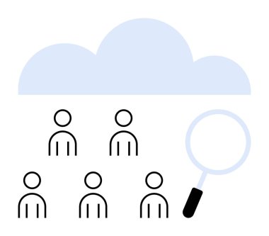 Cloud symbol five simple human figures, magnifying glass. Ideal for data analysis, cloud computing, networking, team collaboration, research, technology, business insights. Line metaphor clipart