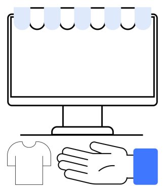 Depolama tepe örtüsü, uzatılmış el ve çevrimiçi alışverişi, perakende işlemlerini ve ekomünikasyonu sembolize eden tişört ikonlu bilgisayar ekranı. Dijital pazar yeri, sanal mağazalar, ürün satışları için ideal
