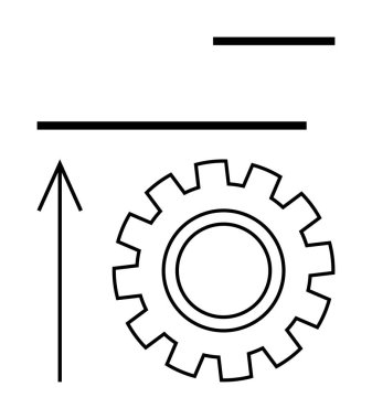 Yukarı doğru iki yatay çizginin altında ok olan vites. Mühendislik, geliştirme, optimizasyon, ilerleme, teknoloji verimliliği için ideal başarı. Çizgi benzetmesi. Çizgi benzetmesi. Basit satır simgeleri