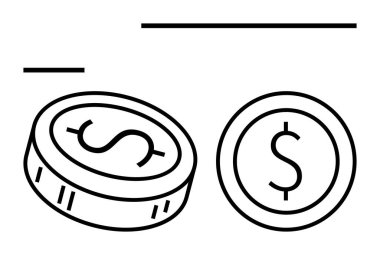 Parasal kavramları temsil eden dolar sembollü iki sikke. Finans, tasarruf, yatırım, bankacılık, zenginlik para birimi ve ekonomi için ideal. Çizgi benzetmesi. Çizgi benzetmesi. Basit satır simgeleri